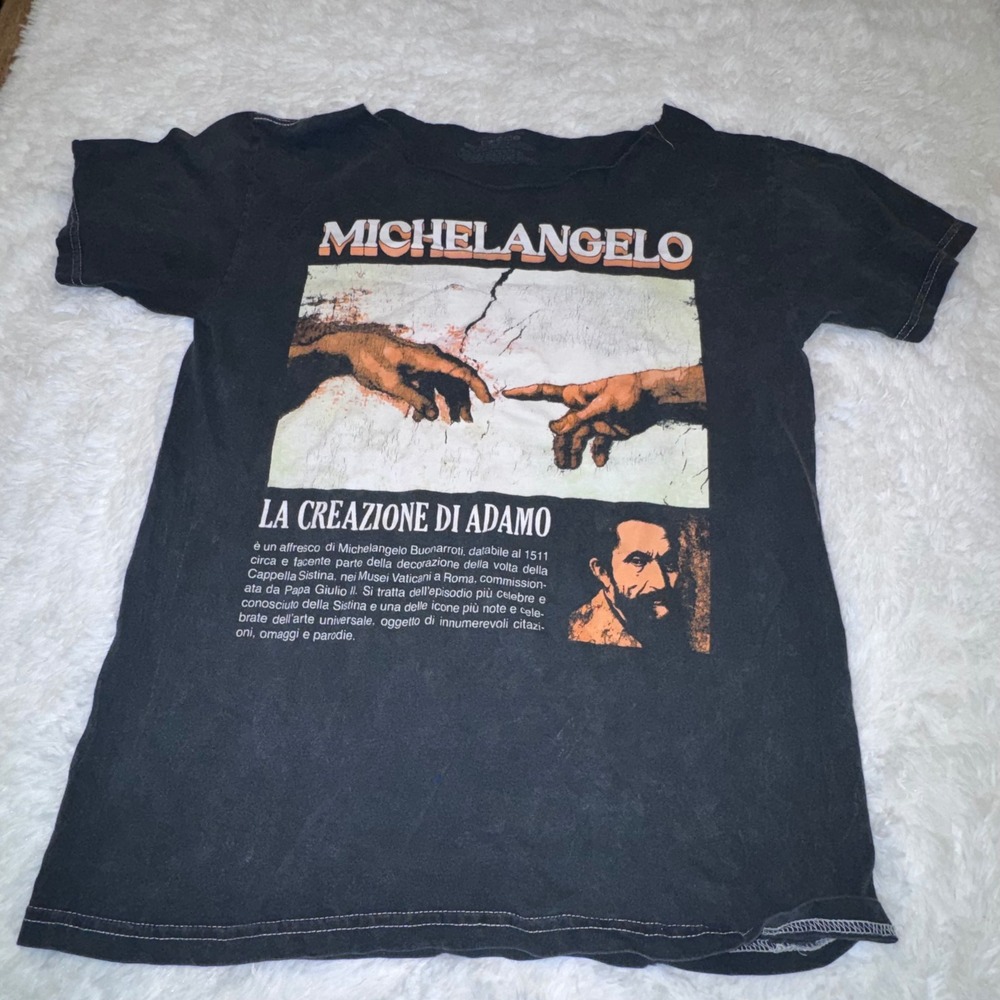 Michelangelo Art Graphic Tee Mens M Black Good Creation of Adam Raw Neck Shirt